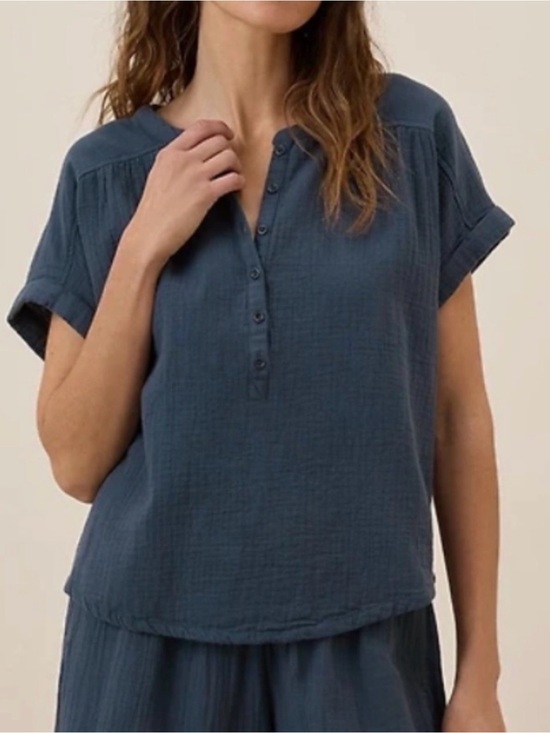Pact Tops - PACT Coastal Double Gauze Short Sleeve Popover Henley Top - Blue
